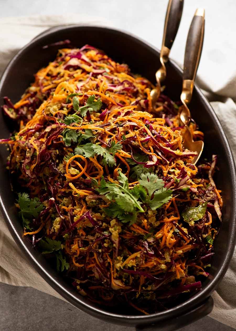 Cabbage and Carrot Thoran-style salad (Indian Salad) in a big bowl, ready to be served