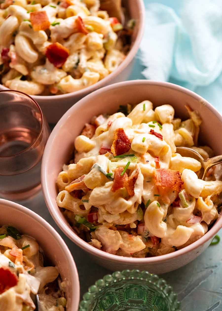 3 bowls of Chicken Pasta Salad with Creamy Dressing
