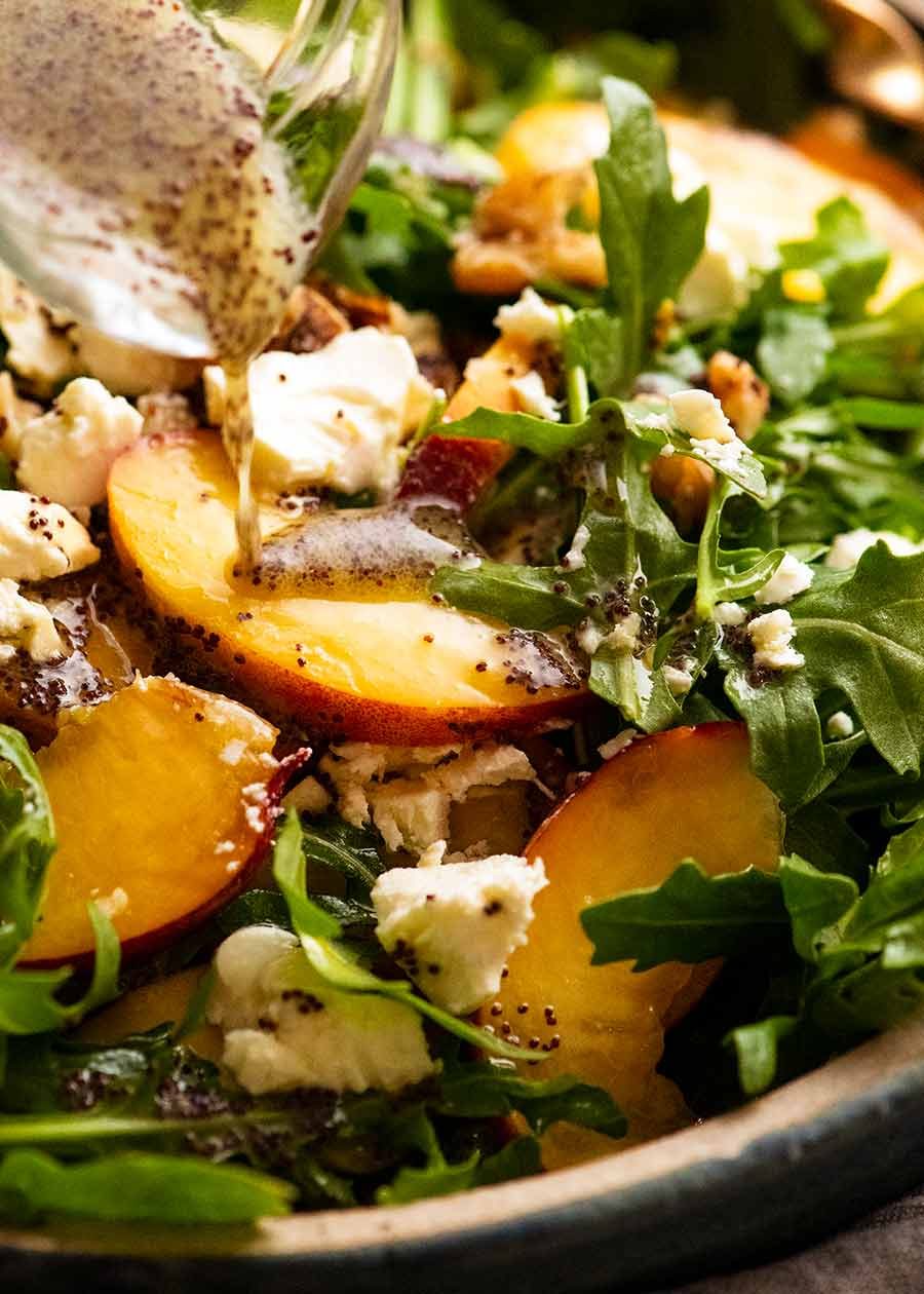 Close up of Peach Salad with Poppyseed Dressing