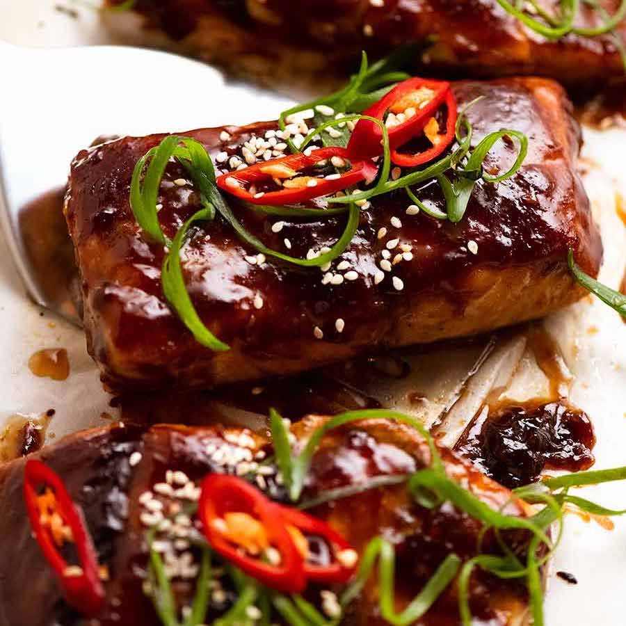 Close up of freshly cooked Asian Glazed Baked Barramundi