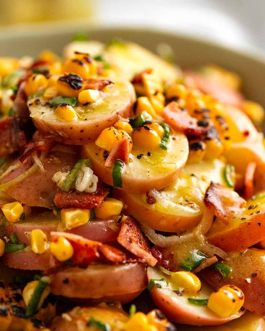 Close up photo of Red Potato Salad with bacon and corn