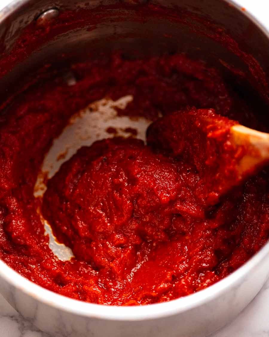 Quick tomato chutney burger sauce in a saucepan