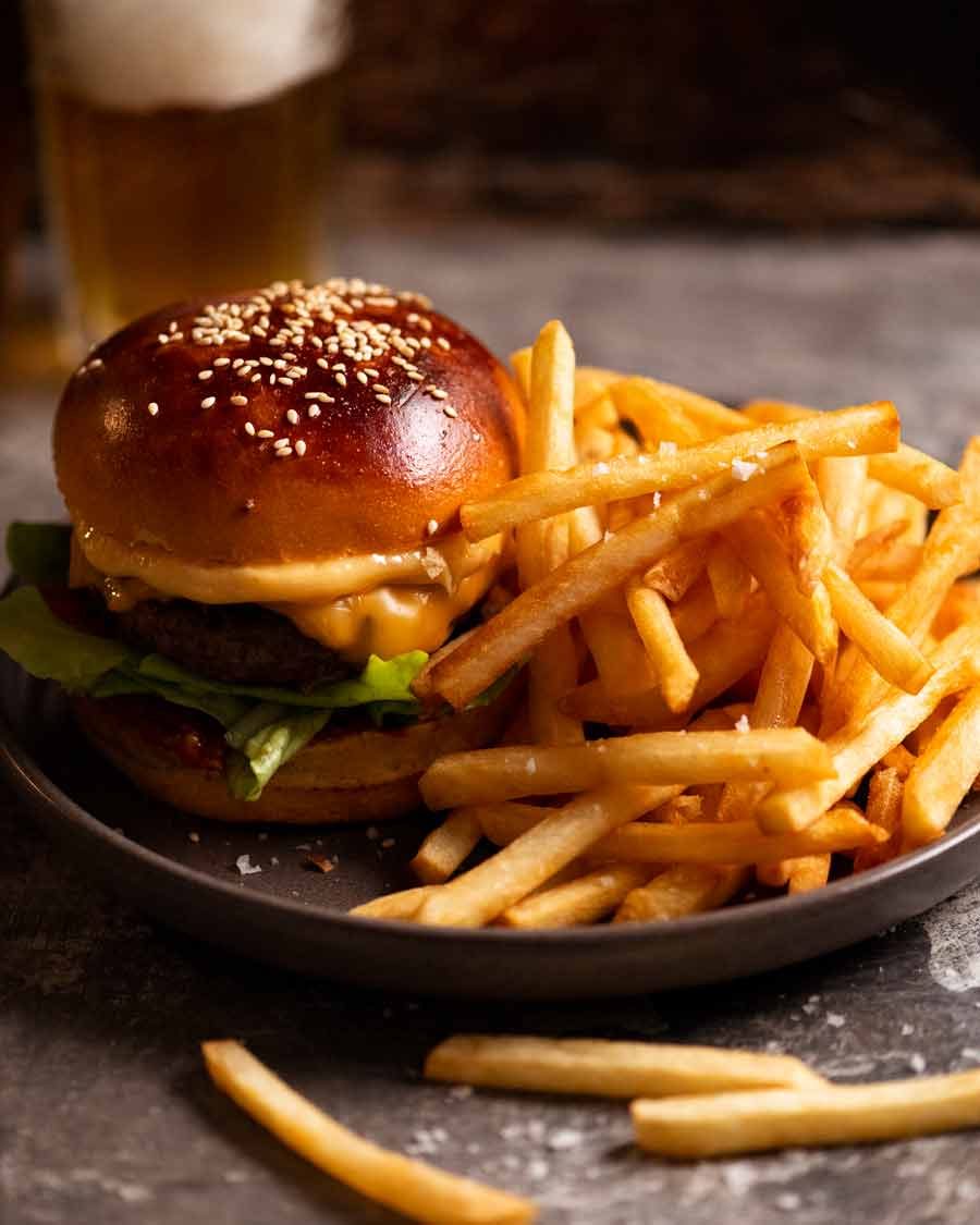 French fries recipe with cheeseburger ready to be eaten