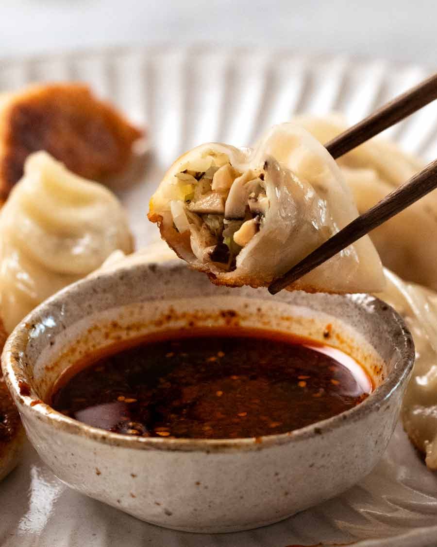 Showing the inside of Vegetable Dumplings (Potstickers)
