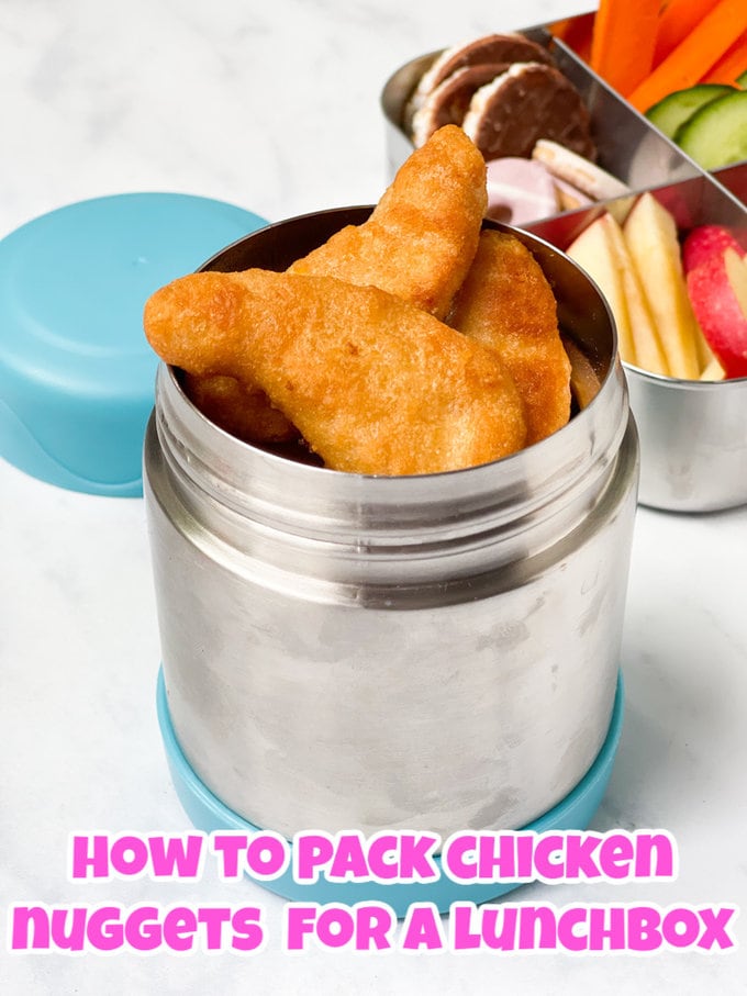 Back-To- School Lunchbox Ideas - Chicken Nuggets packed into a thermos with a filled lunchbox in the background.