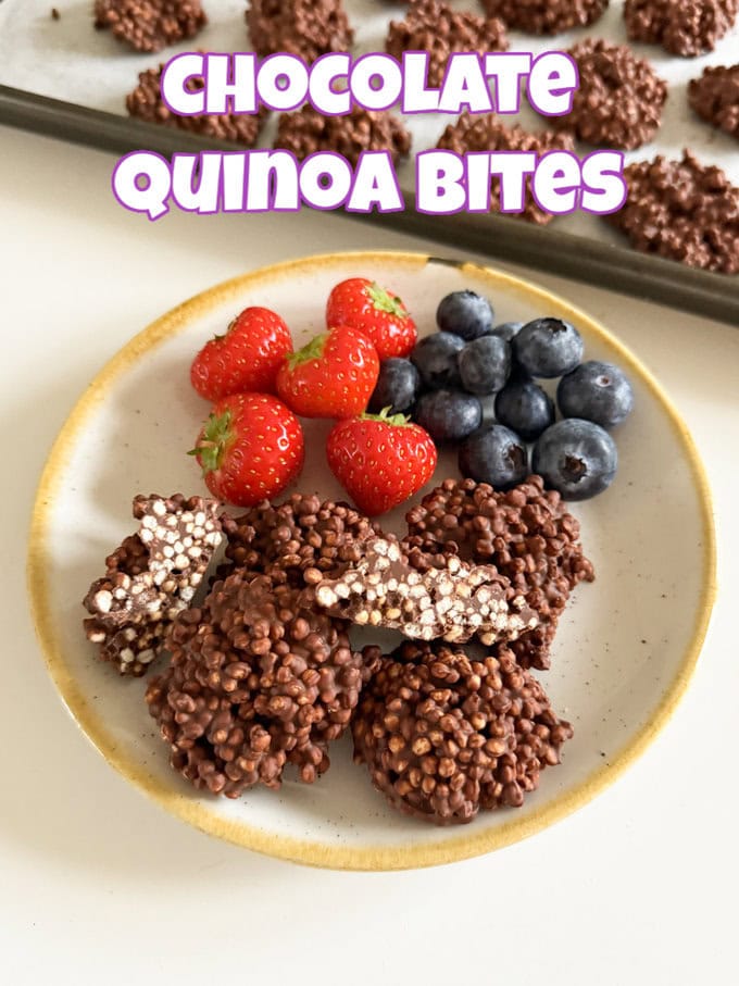 Chocolate Quinoa bites served on a small round plate with fresh berries on the side.